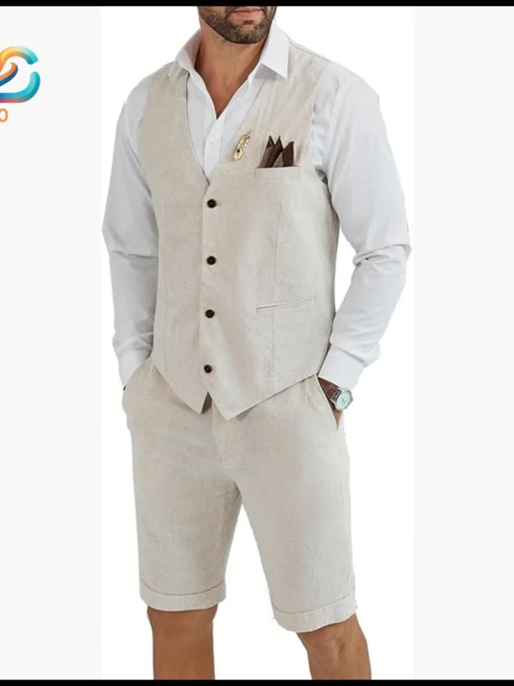 Men's Linen Suit Slim Fit Wedding Groomsmen Summer Vest Shorts Set